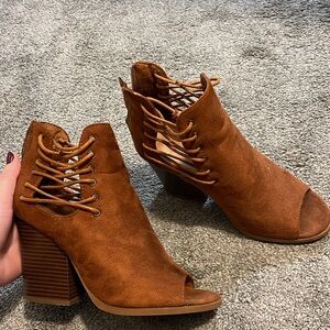 Brown Peep-Toe Block Heel Ankle Boots